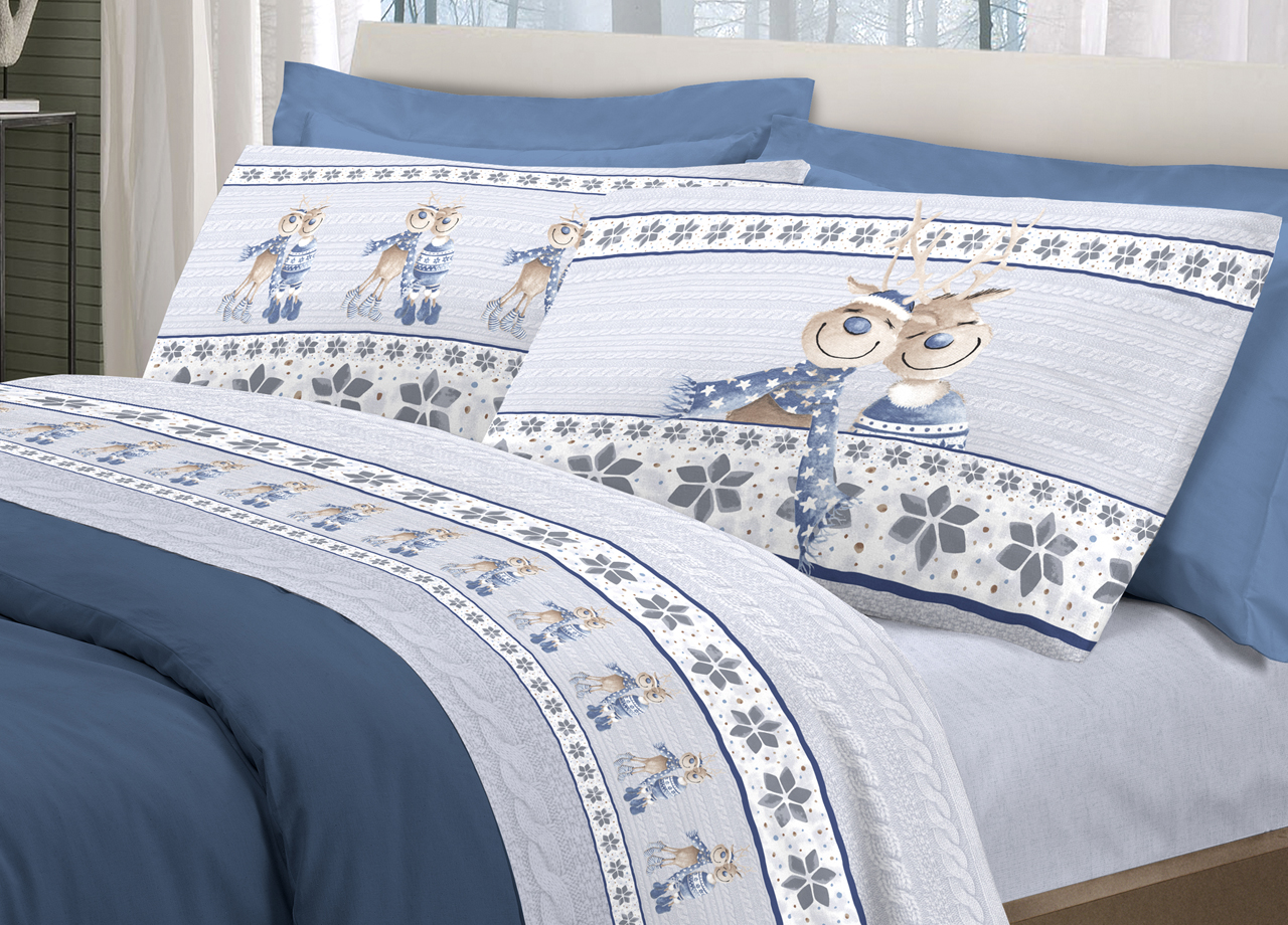 Image of Completo Lenzuola Linea Pensieri Delicati 100% Cotone Disegno Renna - Singolo - Blu