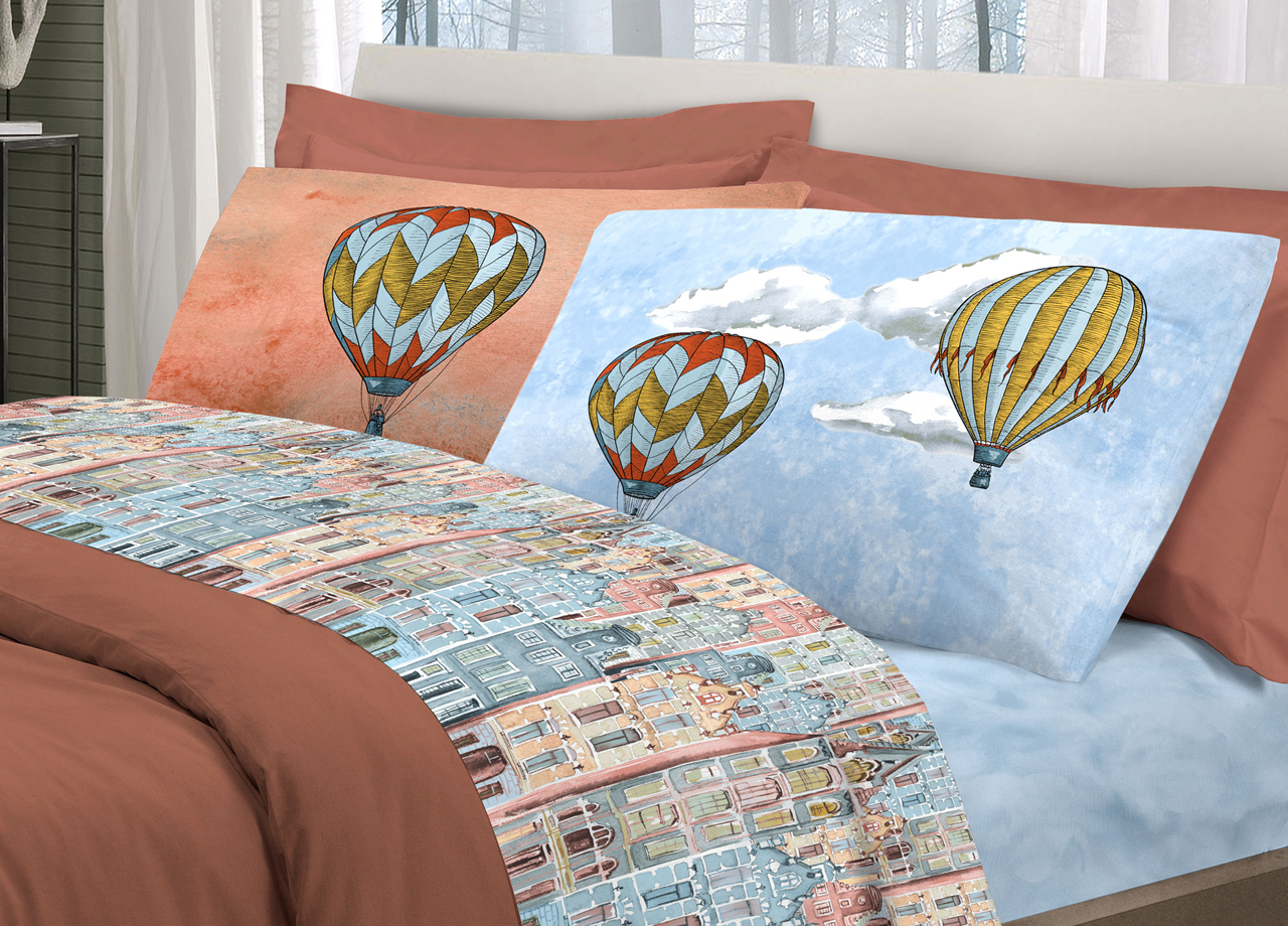 Completo Lenzuola Linea Pensieri Delicati 100% Cotone Disegno Volare - Singolo - Arancio