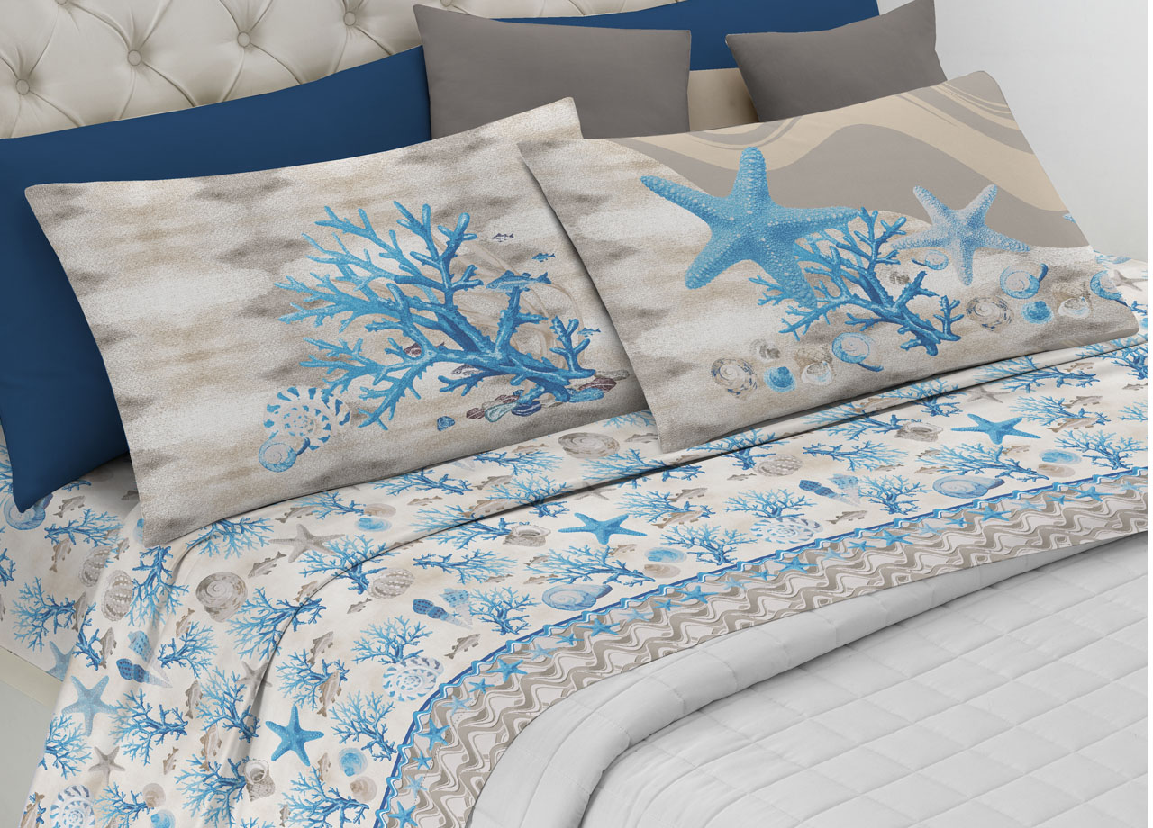 Image of Completo Lenzuola Letto Pensieri Delicati 100% Cotone Dis. Marina New - Singolo - Azzurro