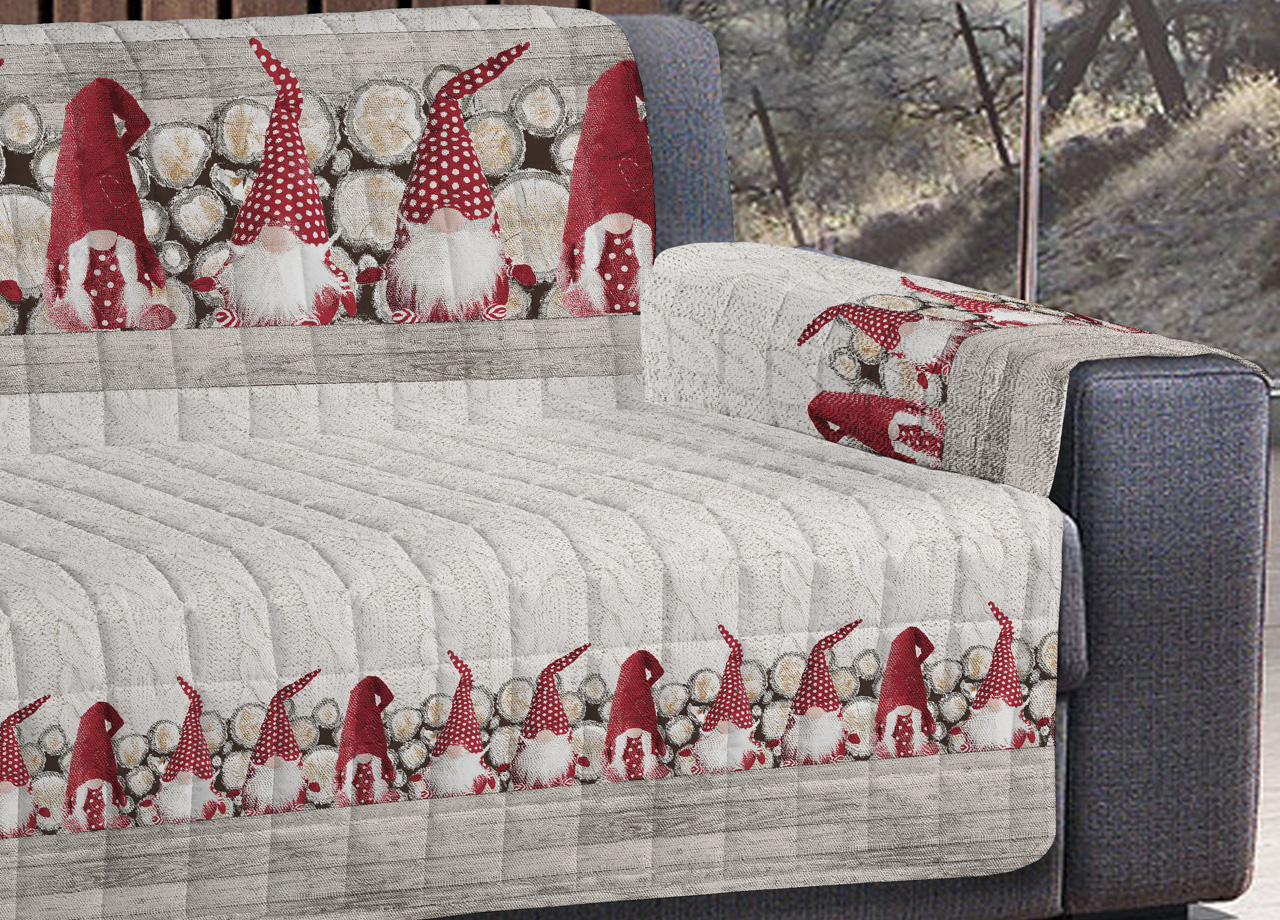 Copridivano Trapuntato Disegno Gnomi Colore Rosso