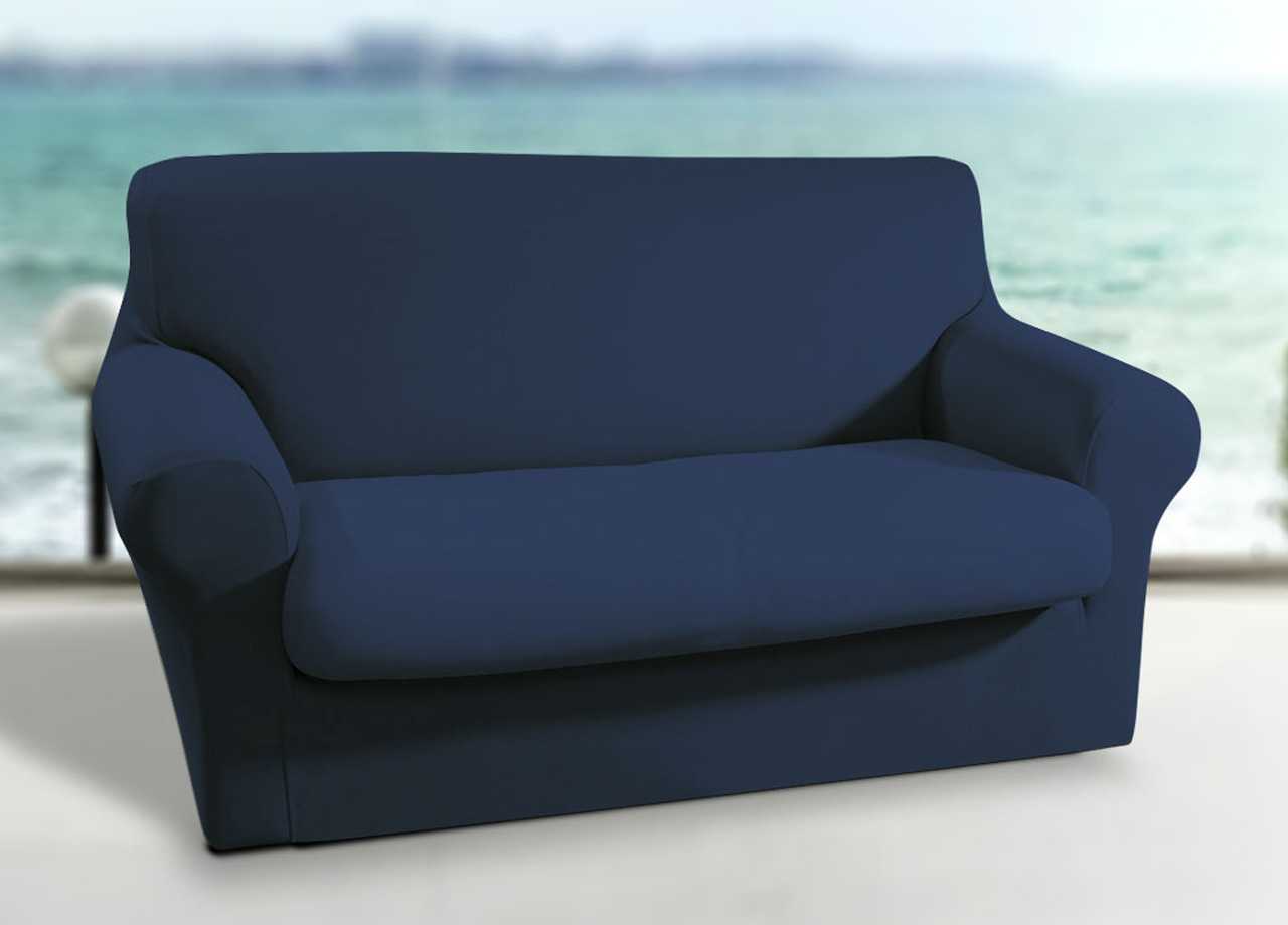 Copridivano-Copripoltrona Antimacchia Elasticizzato Tinta Unita Modello Magic - 2 Posti - Blu
