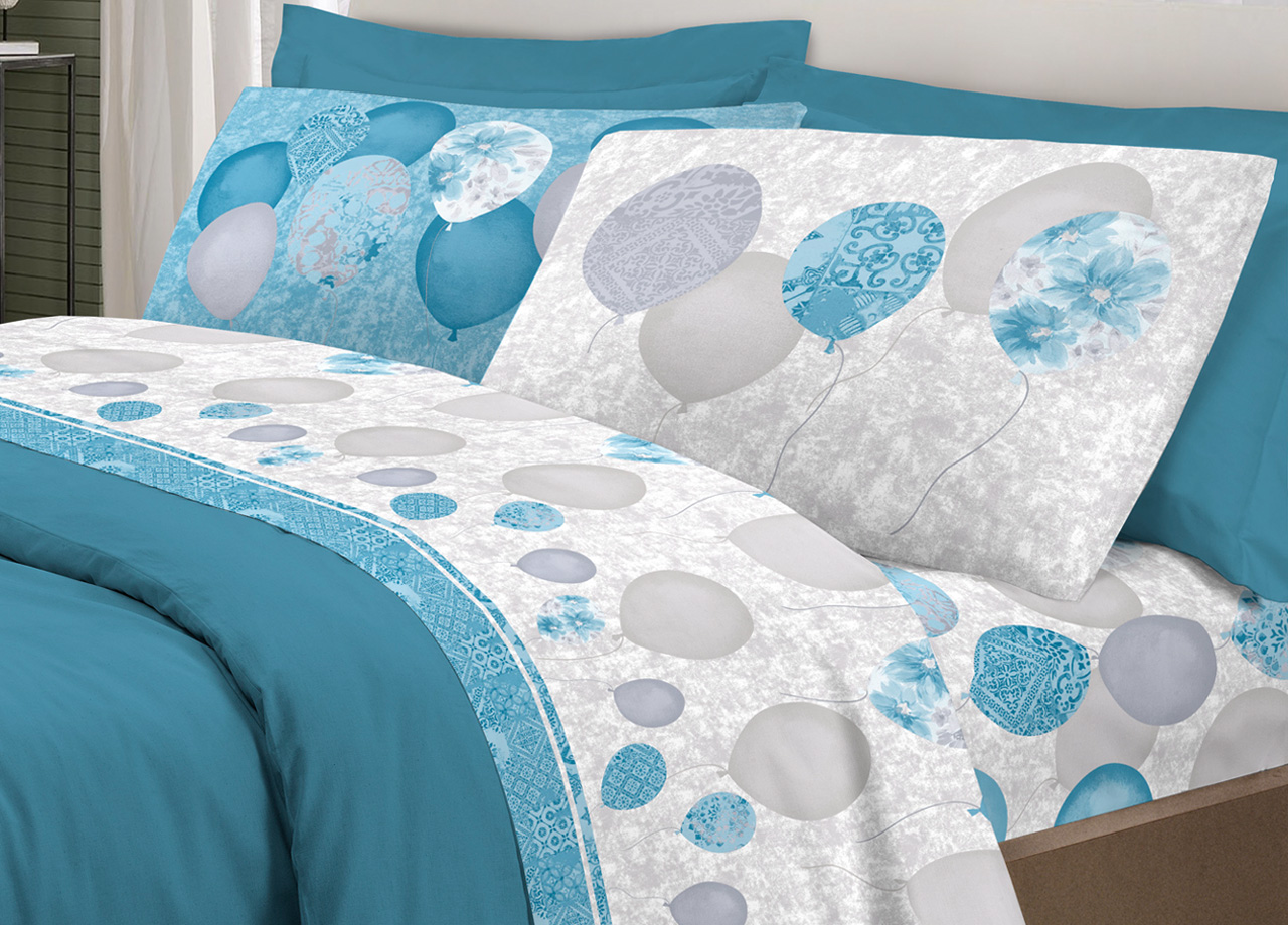 Image of Completo Lenzuola Letto Pensieri Delicati 100% Cotone Dis. Palloncini - Singolo - Azzurro