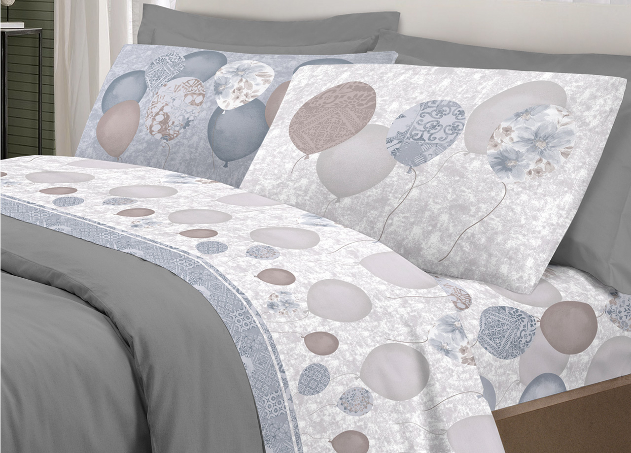 Image of Completo Lenzuola Letto Pensieri Delicati 100% Cotone Dis. Palloncini - Singolo - Grigio