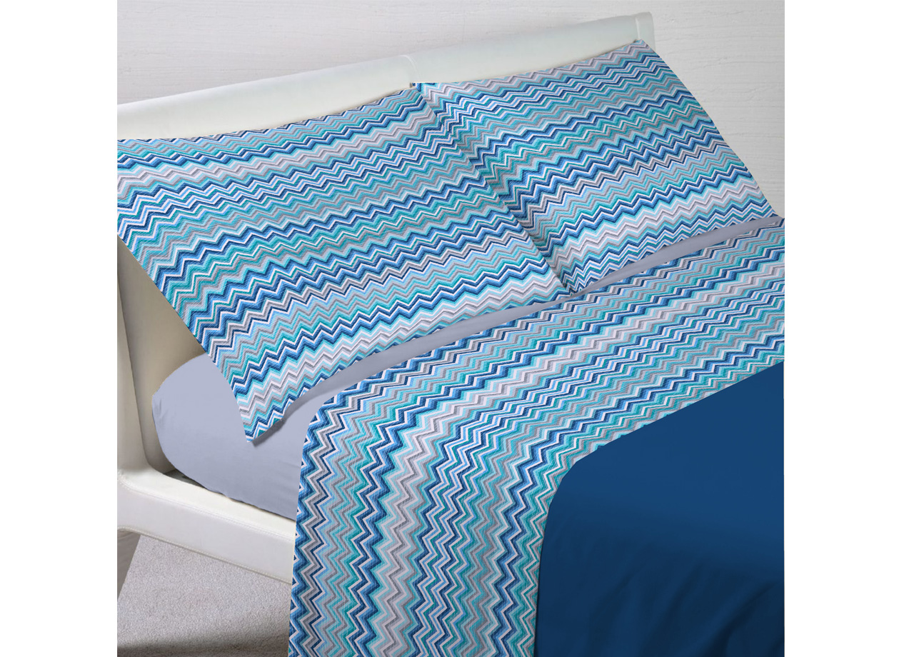 Image of Completo Lenzuola Letto In 100% Cotone Rigato Zig Zag Disegno Baia - 1 Piazza e Mezza - Azzurro