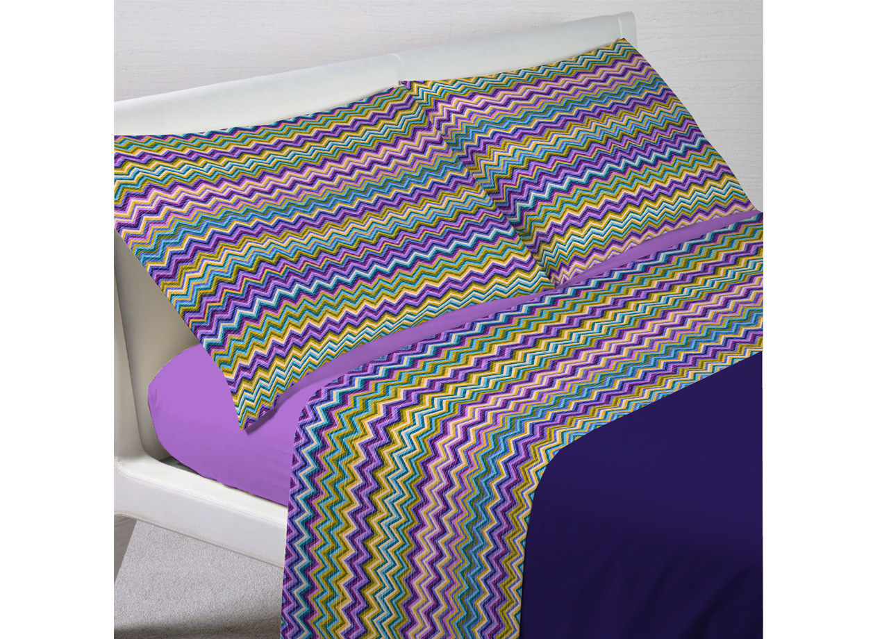 Image of Completo Lenzuola Letto In 100% Cotone Rigato Zig Zag Disegno Baia - 1 Piazza e Mezza - Lilla