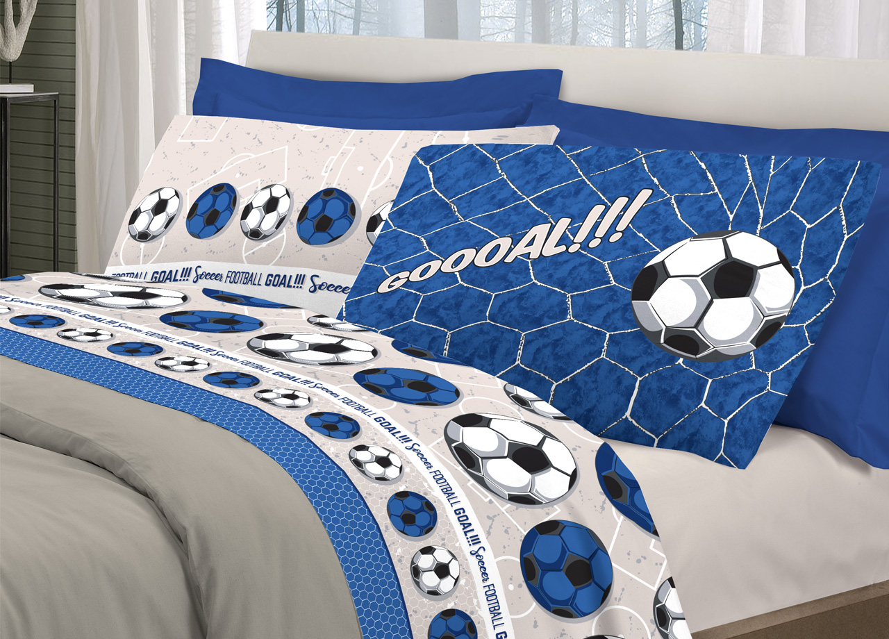 Image of Completo Lenzuola Linea Pensieri Delicati 100% Cotone Disegno Calcio - Singolo - Blu