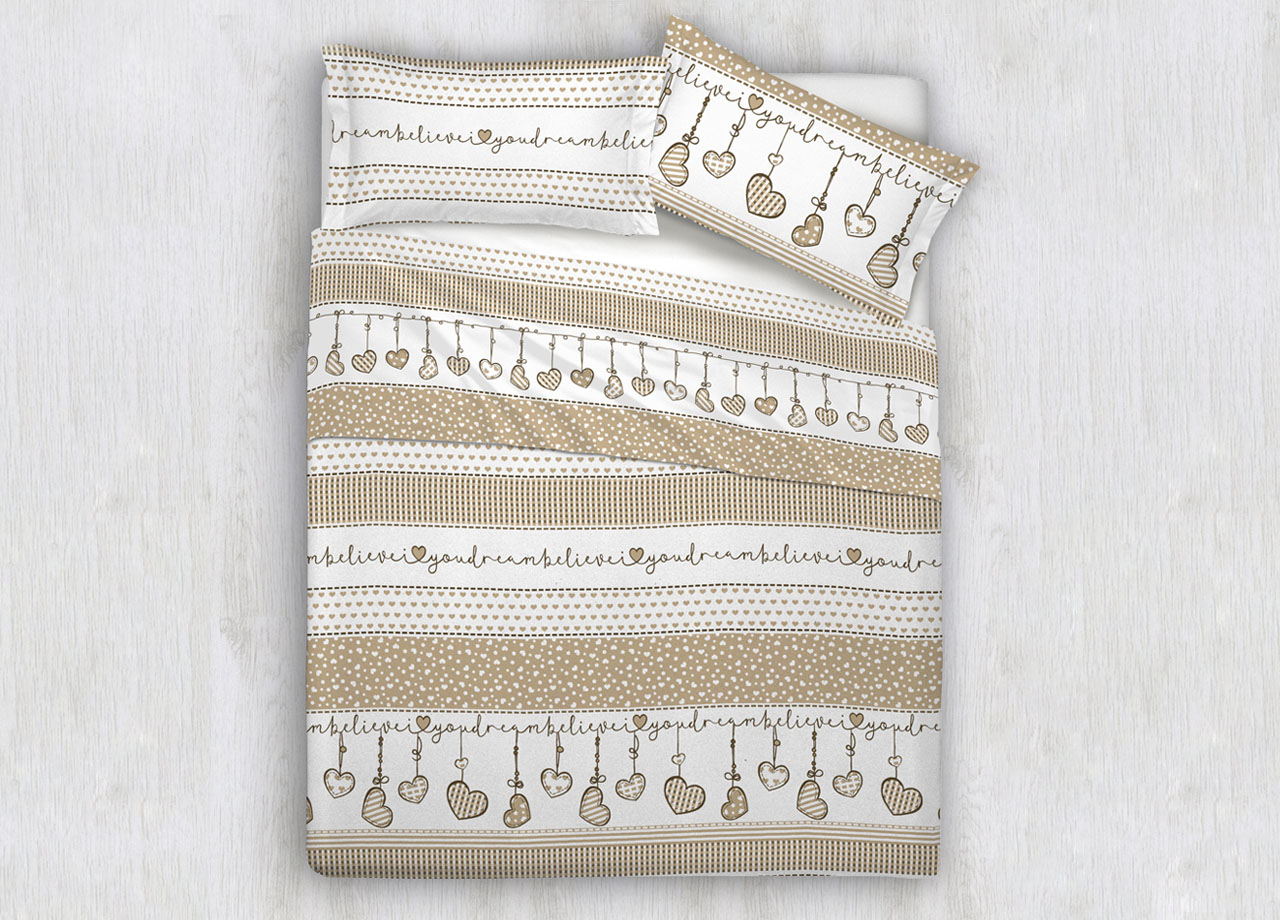 Completo Lenzuola In 100% Cotone Disegni Natalizi Invernali Renne Cuori OB - Piazza E Mezza - Dream Beige