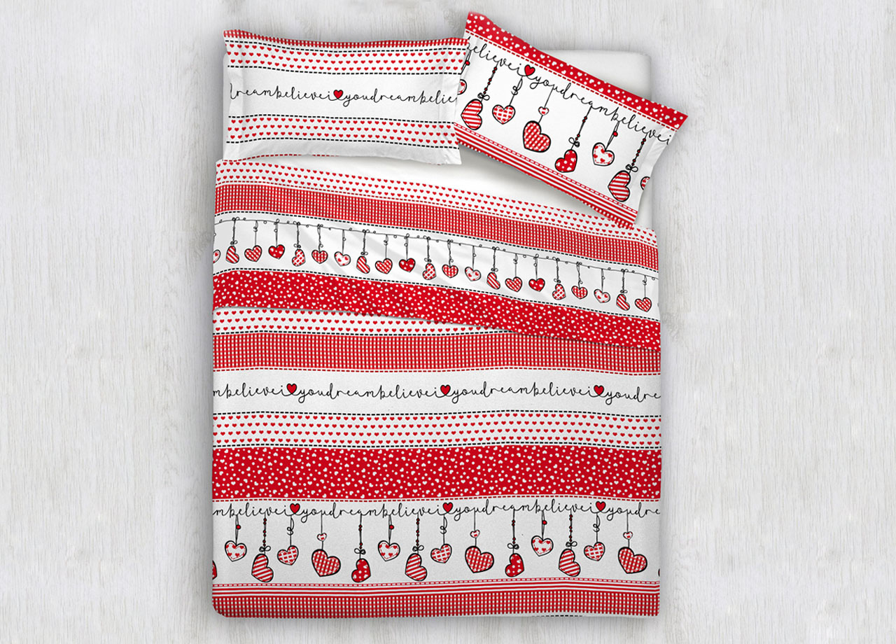 Completo Lenzuola In 100% Cotone Disegni Natalizi Invernali Renne Cuori OB - Matrimoniale - Dream Rosso