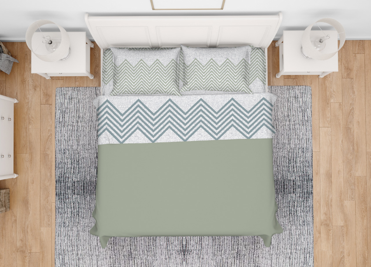 Image of Completo Lenzuola Letto In 100% Cotone Made Italy Disegno Zig Zag - Piazza E Mezza - Verde