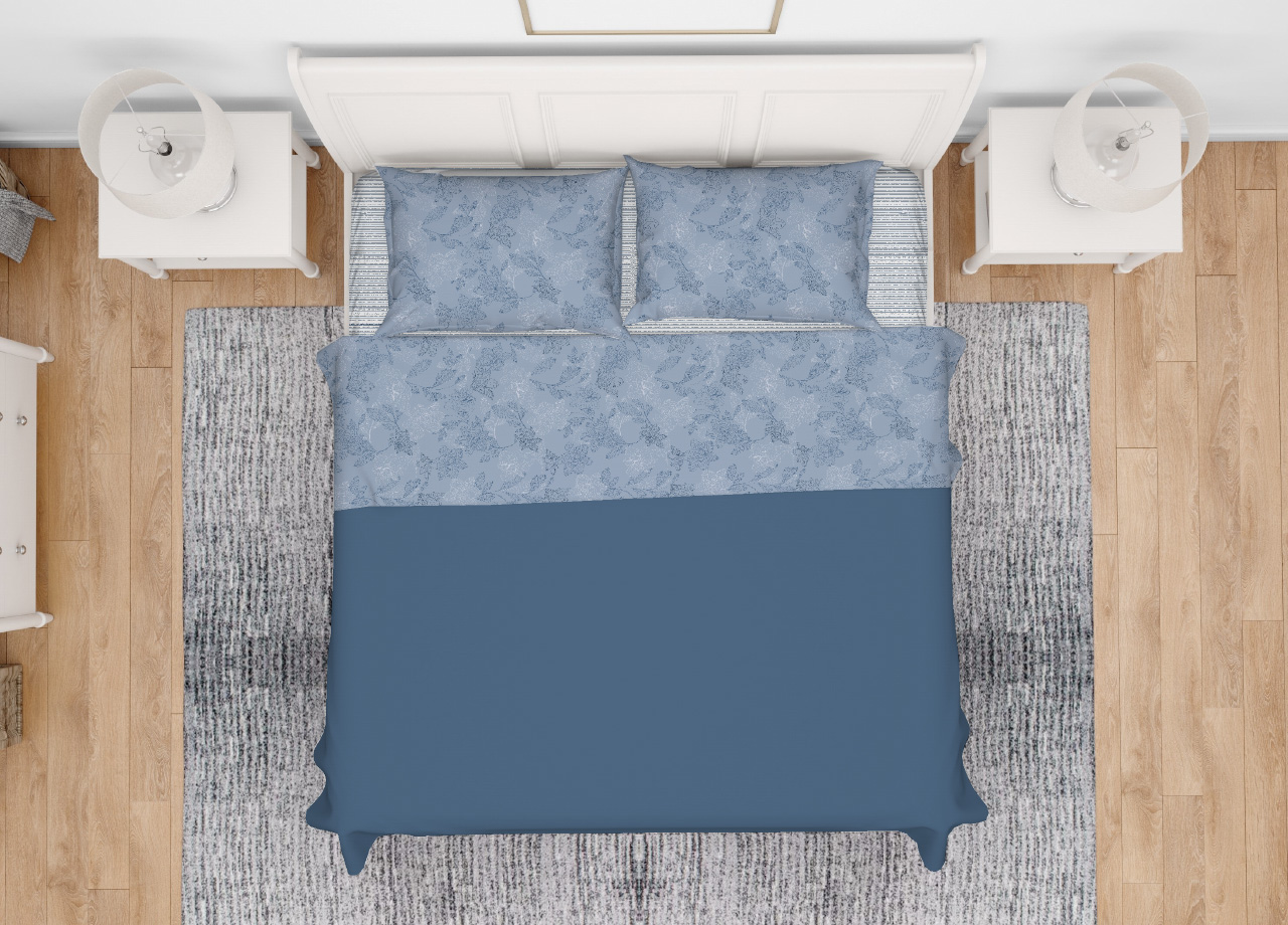 Image of Completo Lenzuola Letto In 100% Cotone Made Italy Disegno Lily - Singolo - Blu