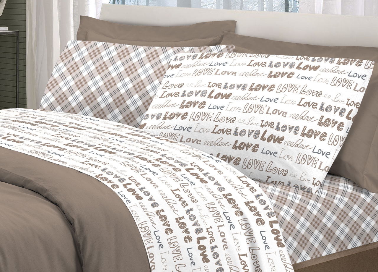 Image of Completo Lenzuola Letto Linea Young 100% Cotone Disegno Love Love - Singolo - Beige