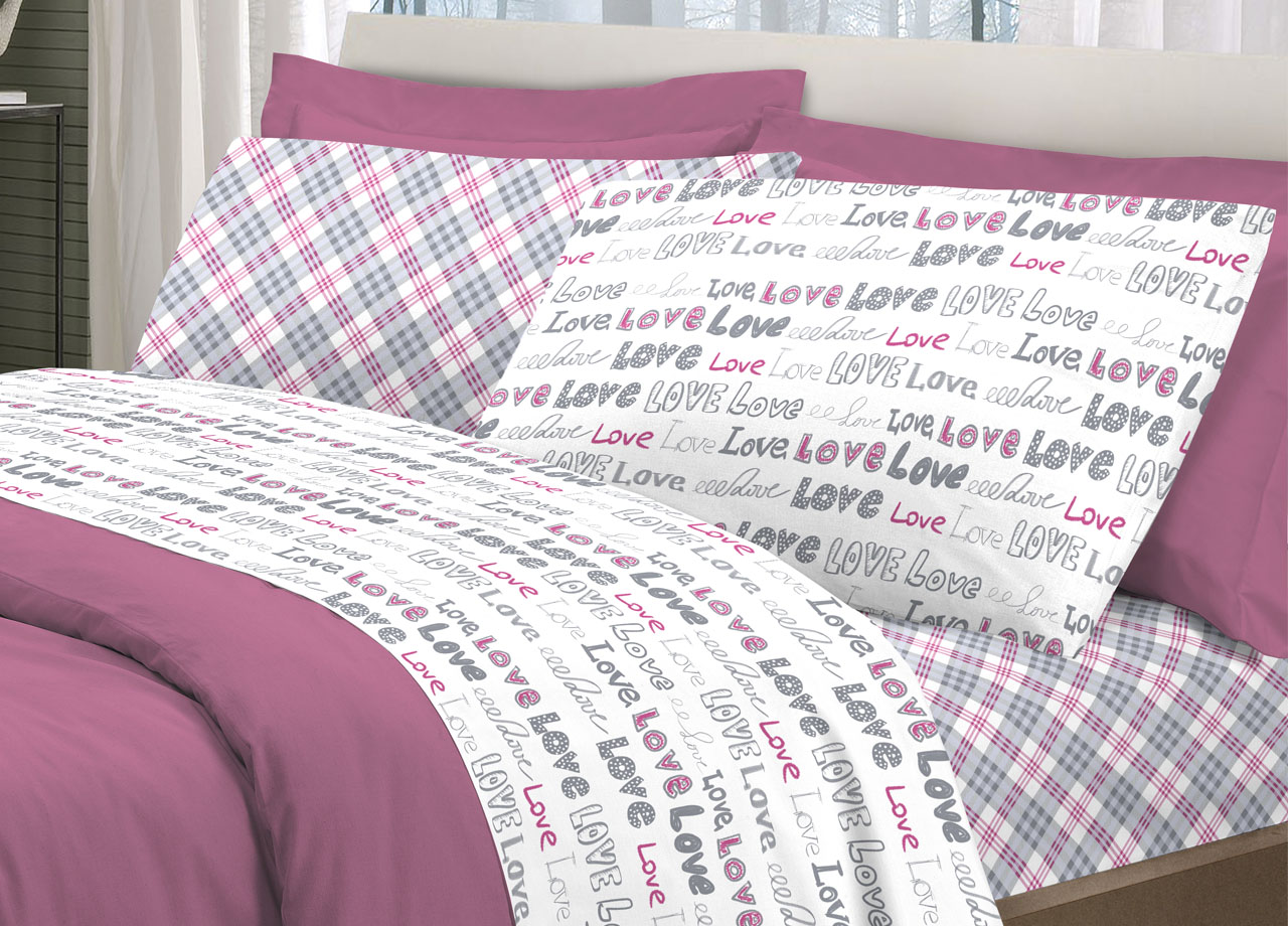 Image of Completo Lenzuola Letto Linea Young 100% Cotone Disegno Love Love - Singolo - Rosa