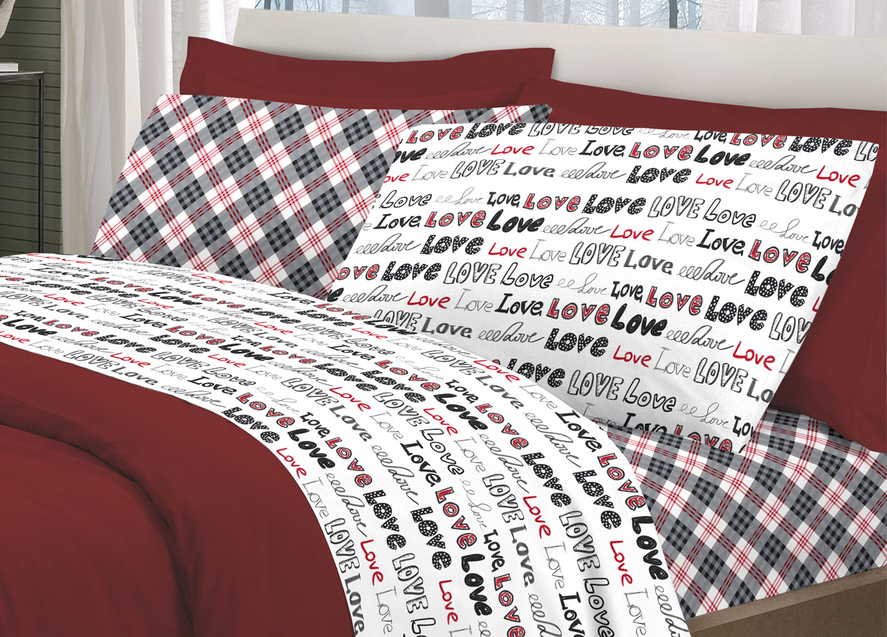 Image of Completo Lenzuola Letto Linea Young 100% Cotone Disegno Love Love - Singolo - Rosso