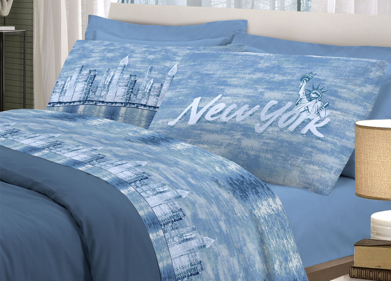 Image of Completo Lenzuola Linea Pensieri Delicati 100% Cotone Disegno New York - Singolo - Blu
