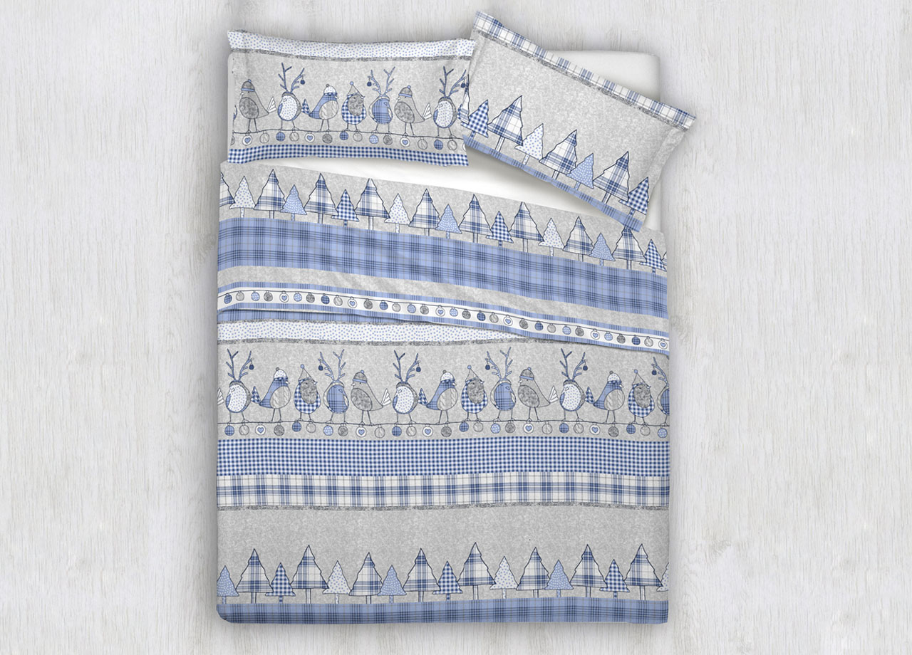 Completo Lenzuola In 100% Cotone Disegni Natalizi Invernali Renne Cuori OB - Matrimoniale - Oliver Azzurro