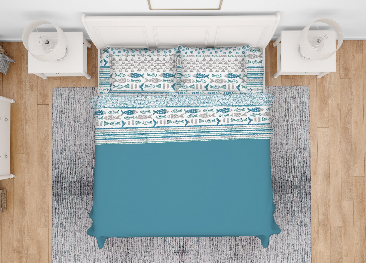 Image of Completo Lenzuola Letto In 100% Cotone Made Italy Disegno Marino Pesci - Francese - Azzurro