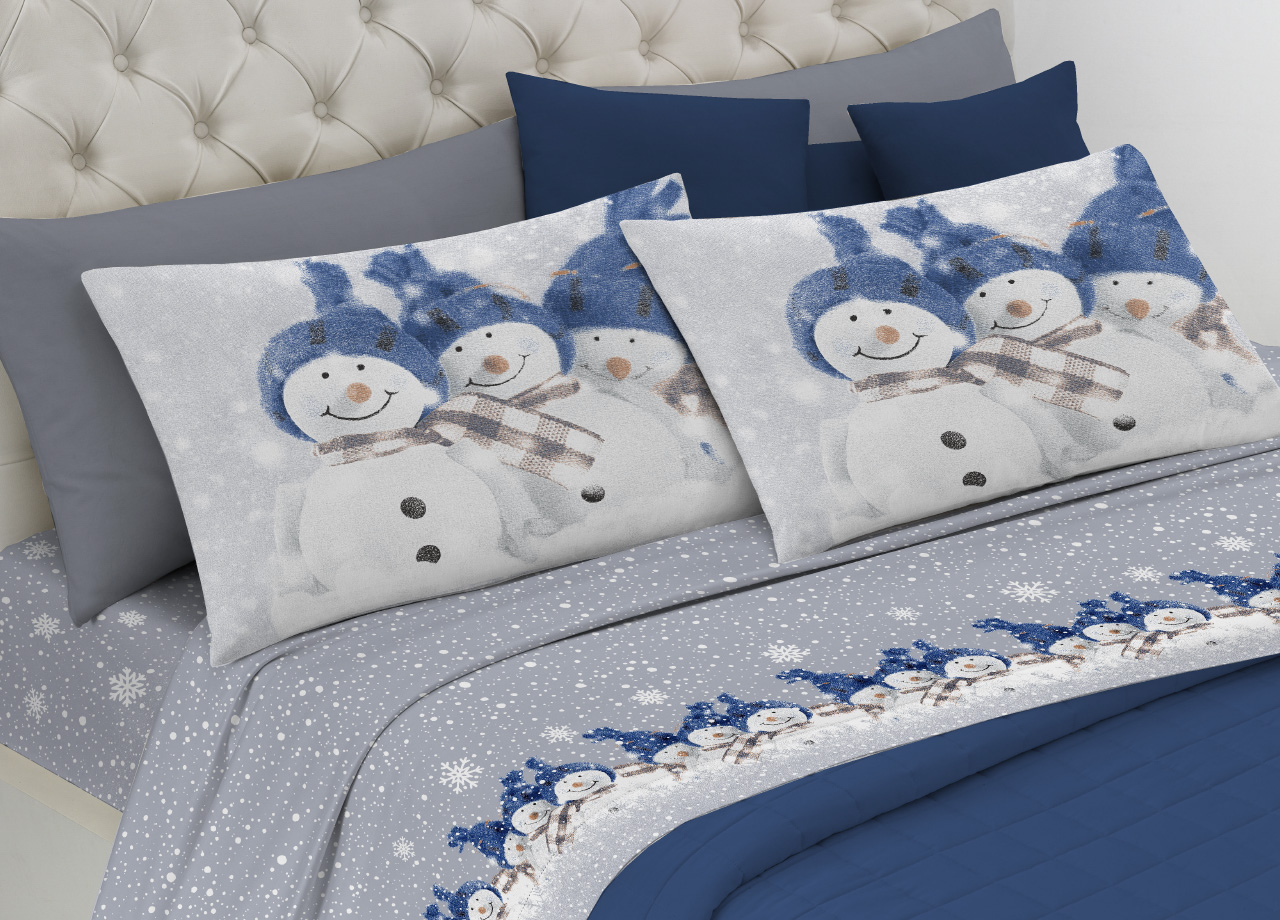 Image of Completo Lenzuola Linea Pensieri Delicati 100% Cotone Disegno Snowman - Singolo - Blu