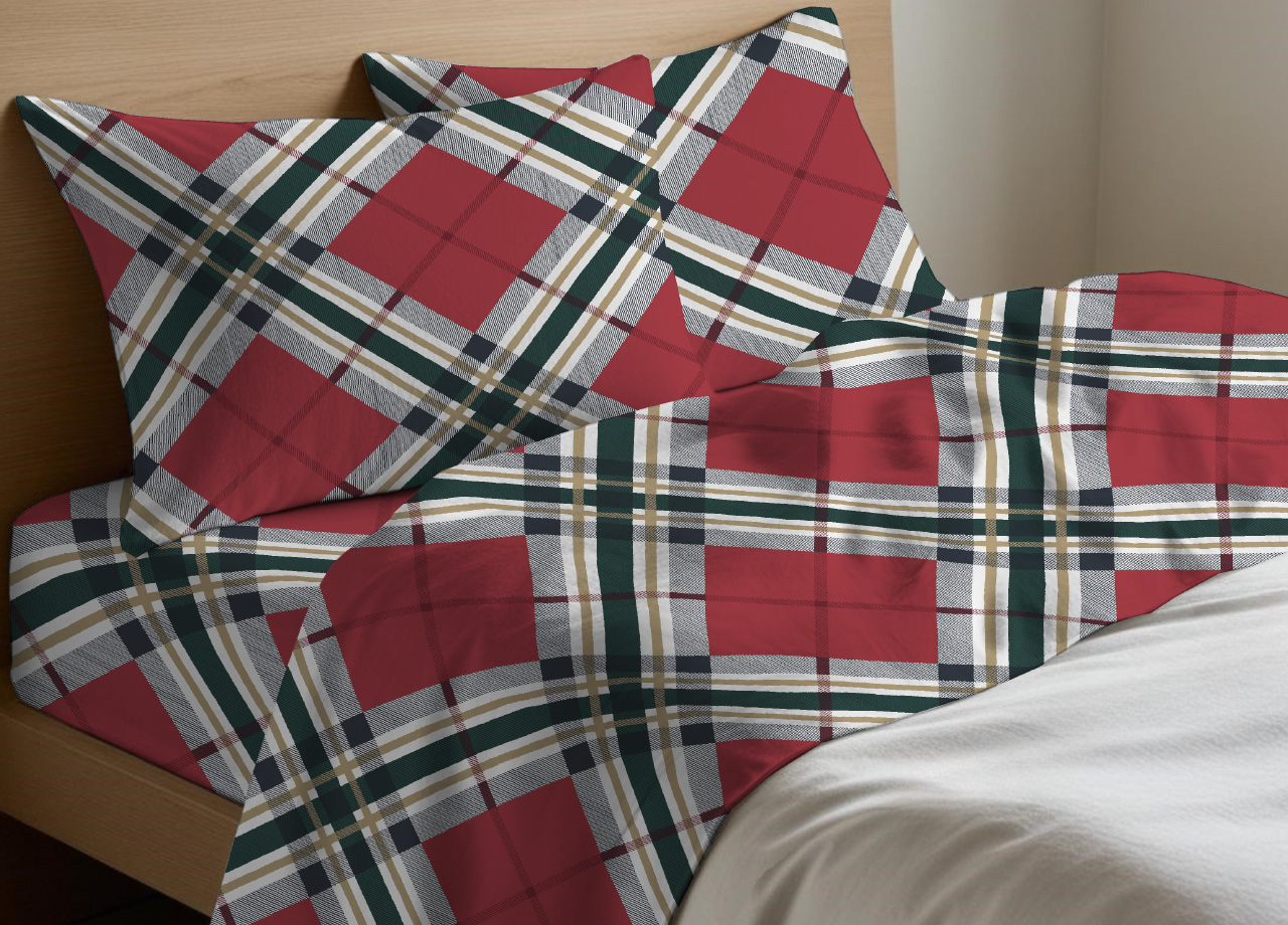 Completo Lenzuola Letto In 100% Cotone Disegno Tartan - Maxi - Tartan