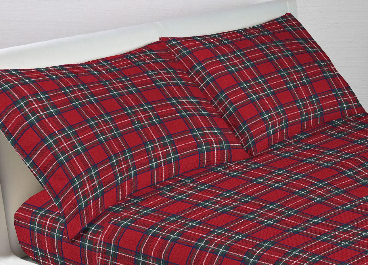Image of Completo Lenzuola In 100% Cotone Made In Italy Dis Scozzese Kilt - Singolo - Rosso