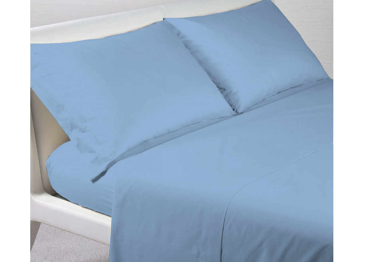 Completo Lenzuola In 100% Cotone Percalle Made In Italy Tinta Unita - Singolo - Azzurro