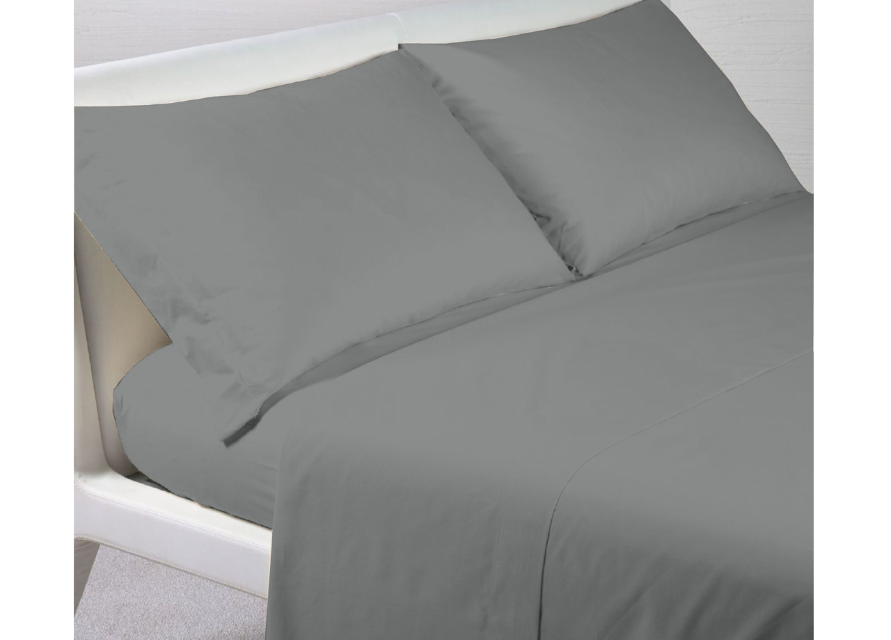 Completo Lenzuola In 100% Cotone Percalle Made In Italy Tinta Unita - Singolo - Grigio