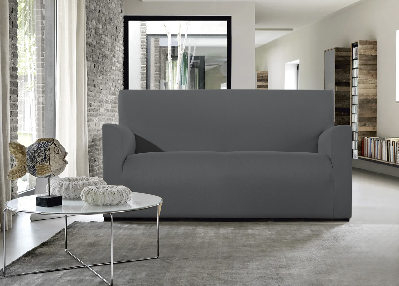 Copridivano E Copri Poltrona Antimacchia Sofà Elasticizzato Modello Magico - Div 2Posti - Grigio Scuro