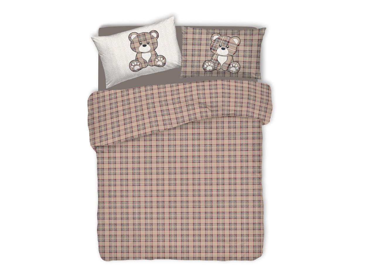 Image of Copripiumino Sacco Piumone Pensieri Delicati 100% Cotone Orsetto Tartan - Singolo - Beige