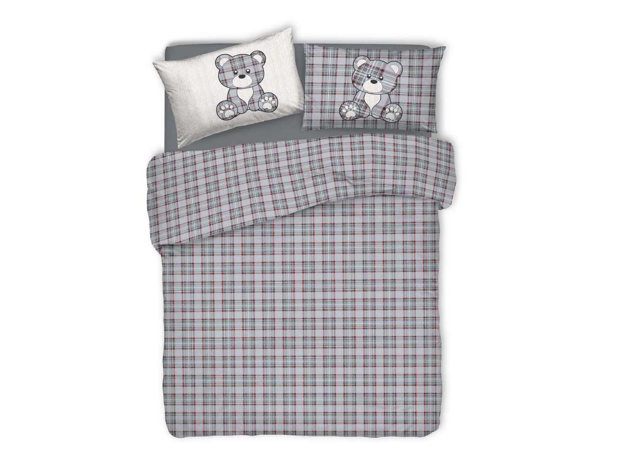 Image of Copripiumino Sacco Piumone Pensieri Delicati 100% Cotone Orsetto Tartan - Singolo - Grigio