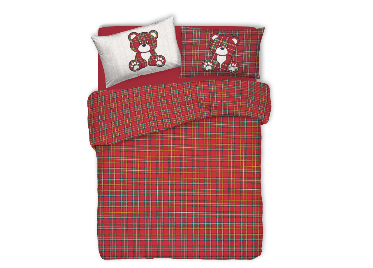 Image of Copripiumino Sacco Piumone Pensieri Delicati 100% Cotone Orsetto Tartan - Singolo - Rosso