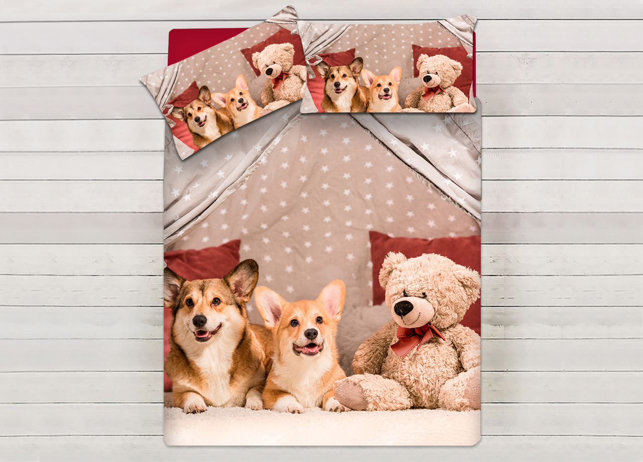 Image of Parure Copripiumino Sacco Piumino Letto 100% Cotone Sogni D&#39;oro Disegno Cani E Orsi Dis. 67 - Piazza E Mezza - Cani E Orsi