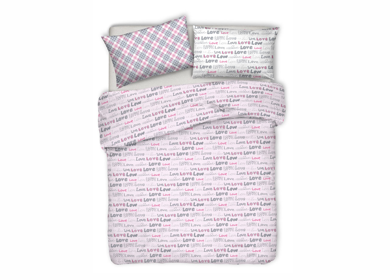Image of Copripiumino Sacco Piumone Pensieri Delicati 100% Cotone Disegno Love Love - Matrimoniale - Rosa