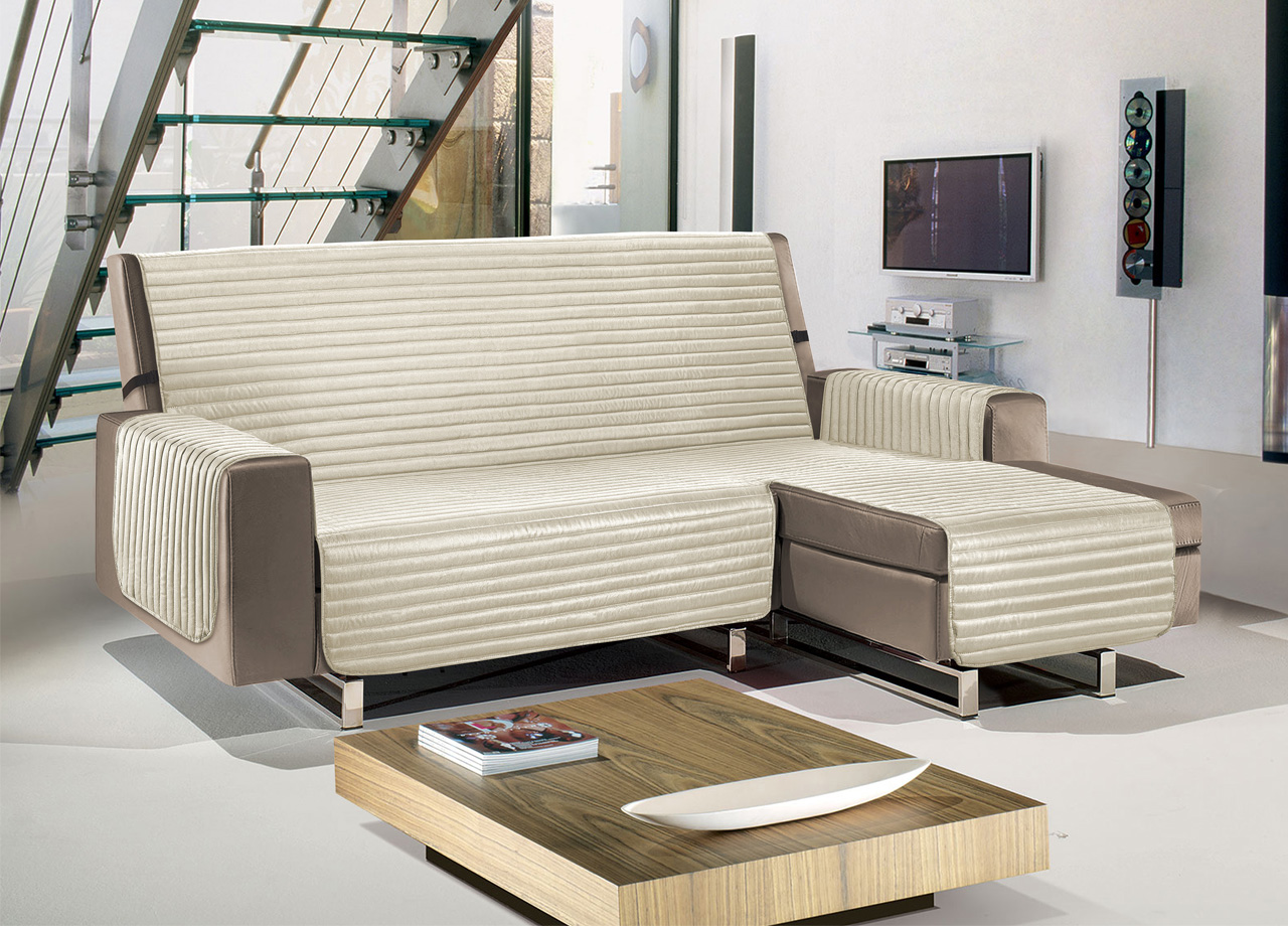 Copridivano Con Penisola Sofà Cover Trapuntato Antimacchia Double Face - 190cm - Panna