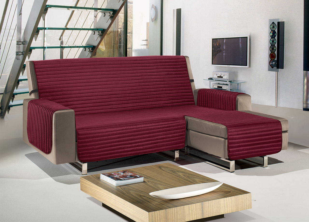 Copridivano Con Penisola Sofà Cover Trapuntato Antimacchia Double Face - 190cm - Bordeaux