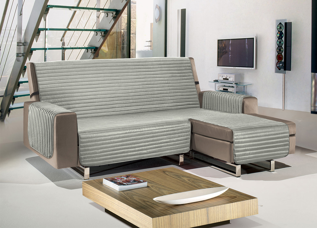 Copridivano Con Penisola Sofà Cover Trapuntato Antimacchia Double Face - 240cm - Grigio Chiaro