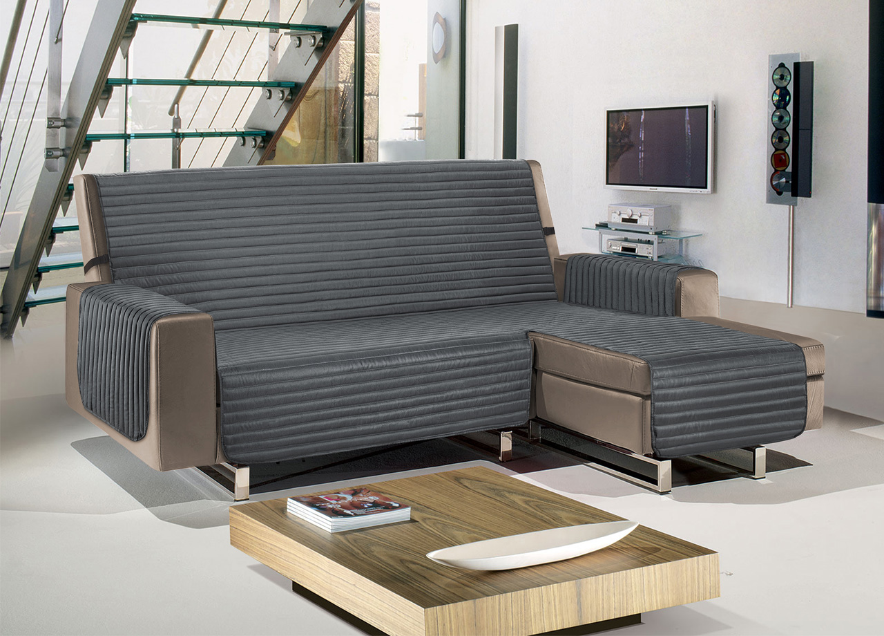 Copridivano Con Penisola Sofà Cover Trapuntato Antimacchia Double Face - 290cm - Grigio Scuro