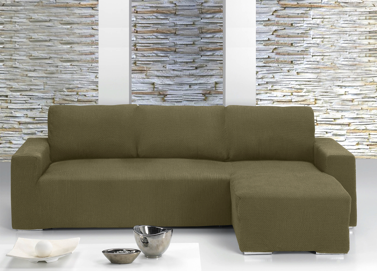 Image of Copridivano Con Penisola Chaise Longue Tinta Unita Biscotto Mod Capri - Destra - Biscotto