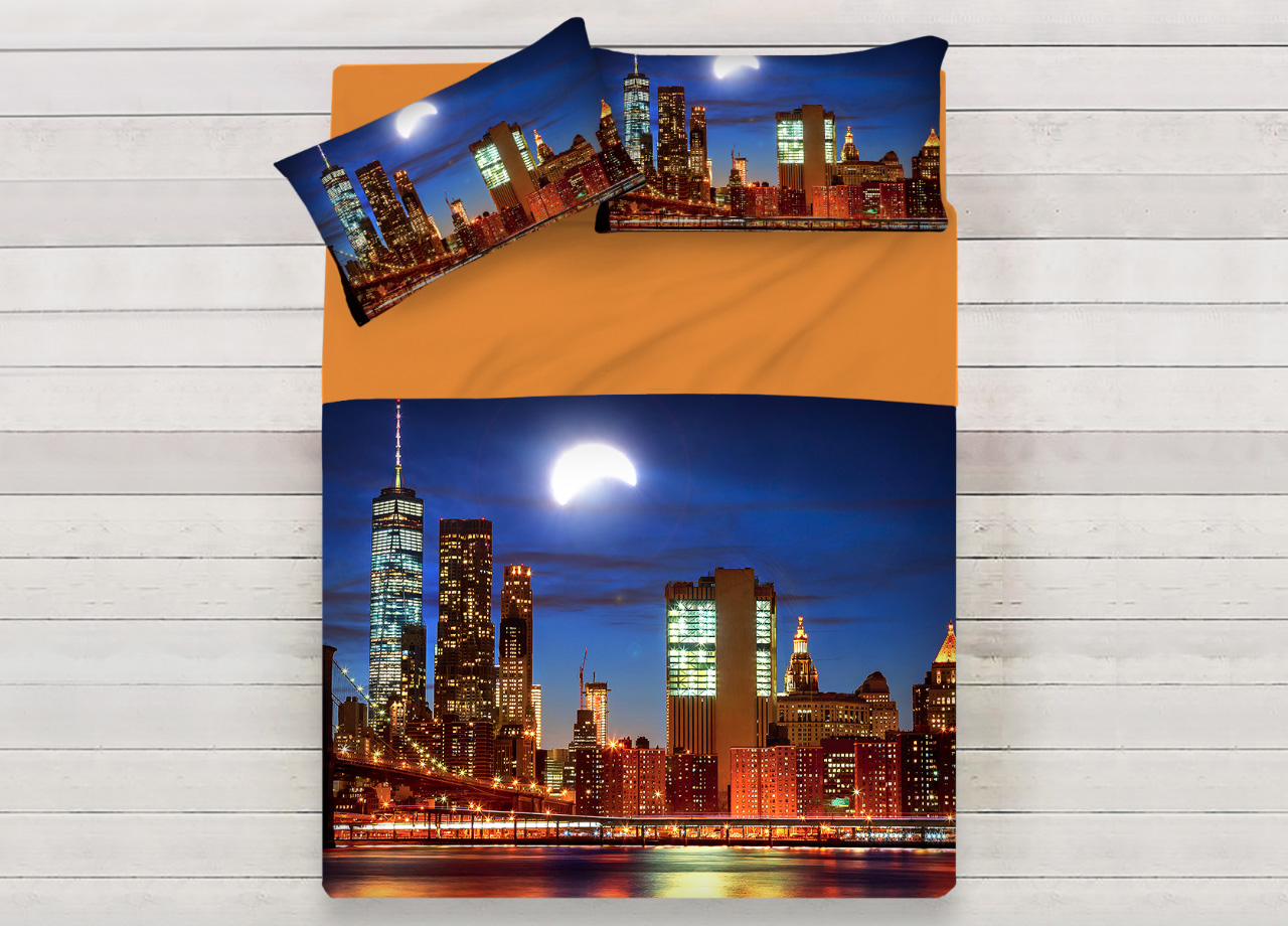 Image of Lenzuola Copriletto Letto Sogni D&#39;oro 100% Cotone Disegno City Moon D69 - Singolo - City Moon D69