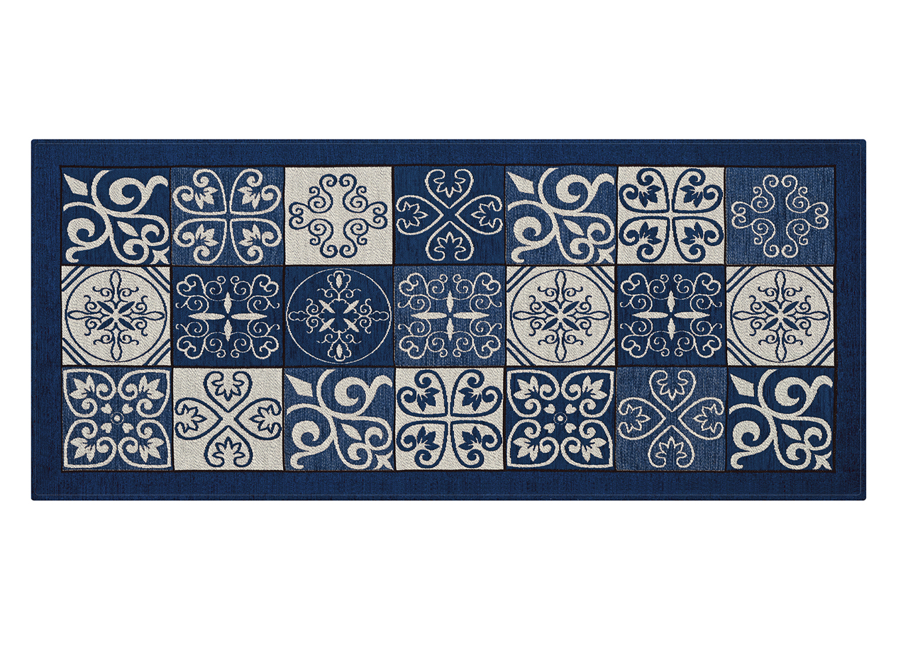 Image of Tappeto Passatoia Runner Cucina Antiscivolo Lavabile Disegno Maiolica Suardi - 55x280 - Blu