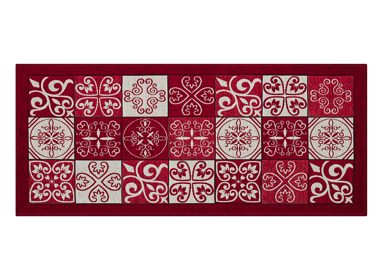 Image of Tappeto Passatoia Runner Cucina Antiscivolo Lavabile Disegno Maiolica Suardi - 55x280 - Rosso