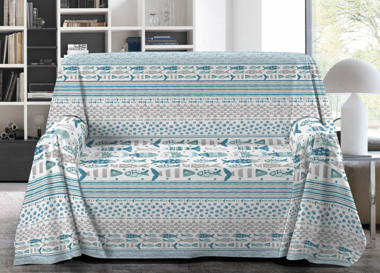 Image of Telo Arrossoo Granfoulard Copritutto Salvadivano 100% Cotone Disegno Pesci - Singolo - Azzurro